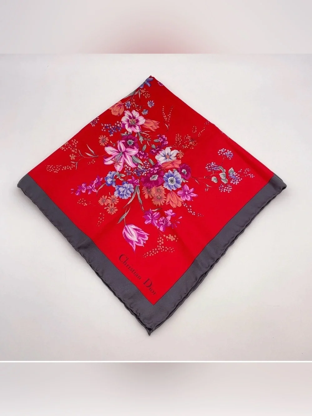 CHRISTIAN DIOR Vintage 80’s Rare Romantic 100% Silk Red Floral Square Scarf